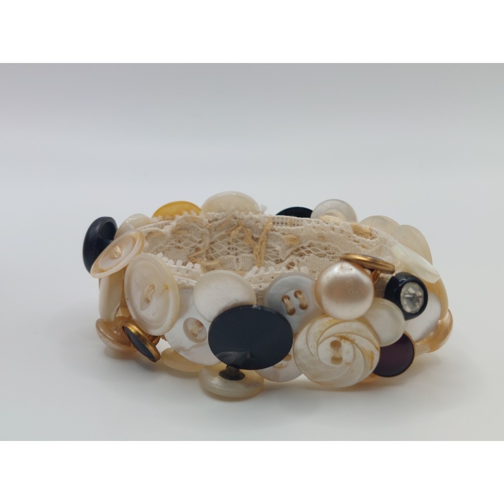 Vintage JEJ Handmade Button Cuff Bracelet Lace Cottagecore Romantic MCM Artisan